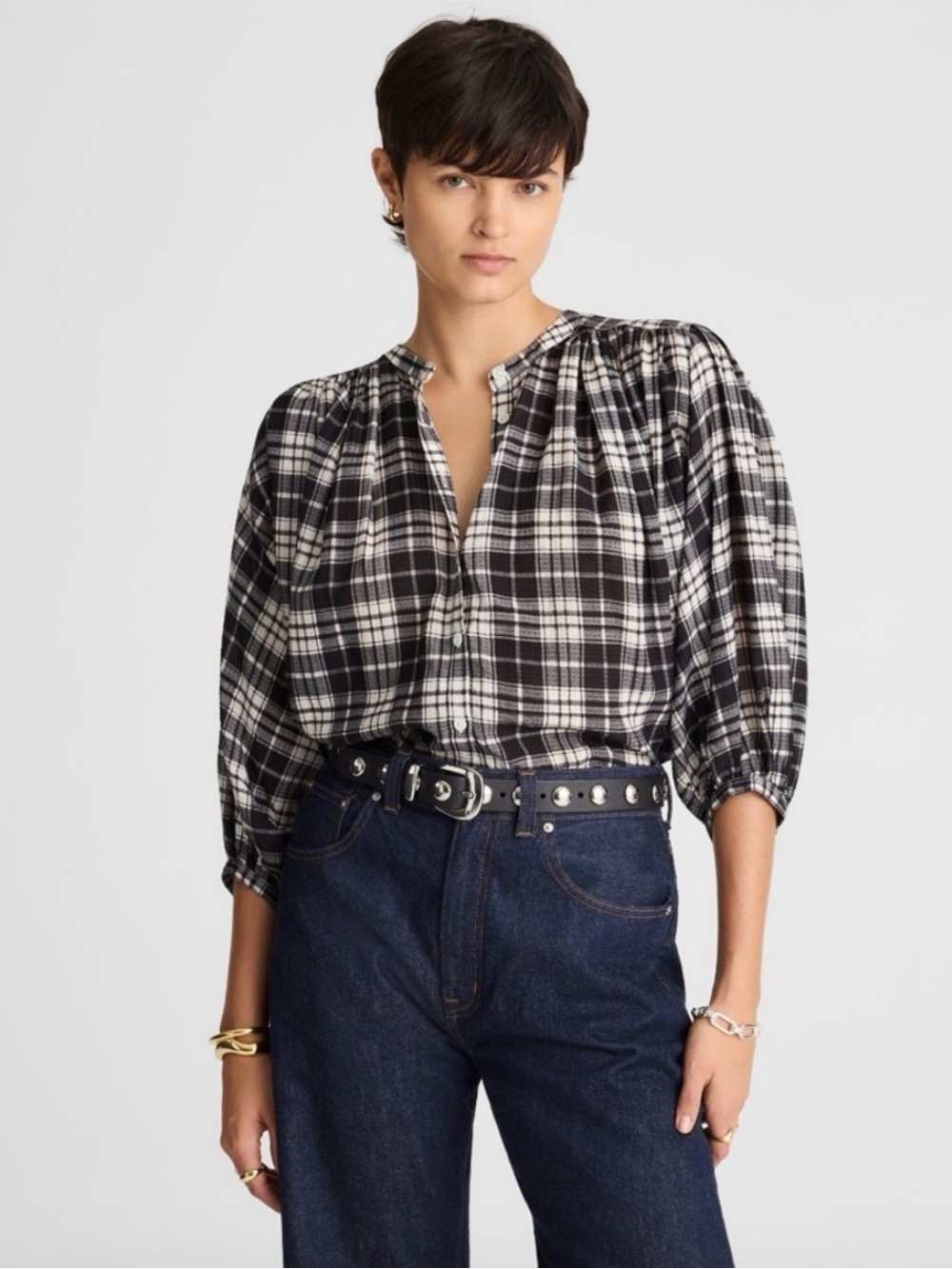 Madewell Black & White Plaid Button-Down Top